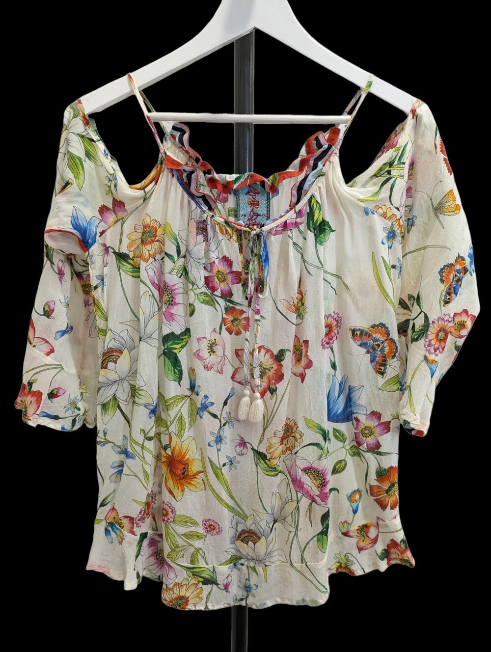 Johnny Was Fusion Cold Shoulder Top Small Floral Butterfly Print Rayon Peasant